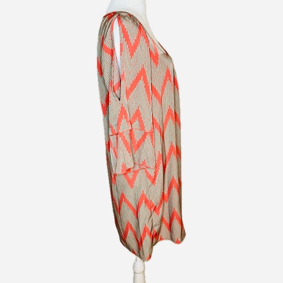 GLAM Orange & Teal Chevron Print Bell Sleeve Tunic Dress Size S - Picture 2 of 8